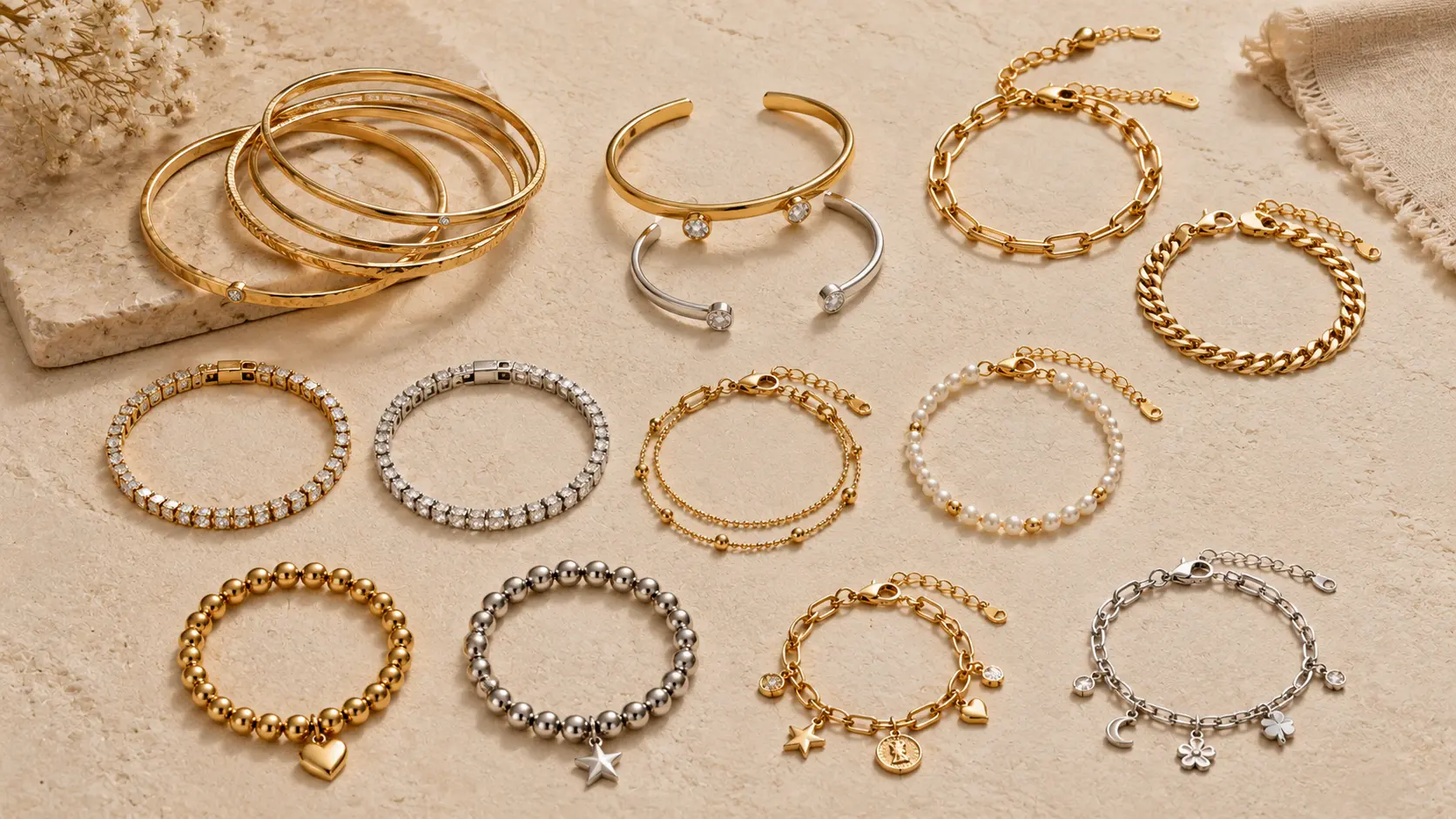 Bracelet Styling Guide for Women 3 Different bracelet types including cuffs chains bangles and charm bracelets displayed neatly