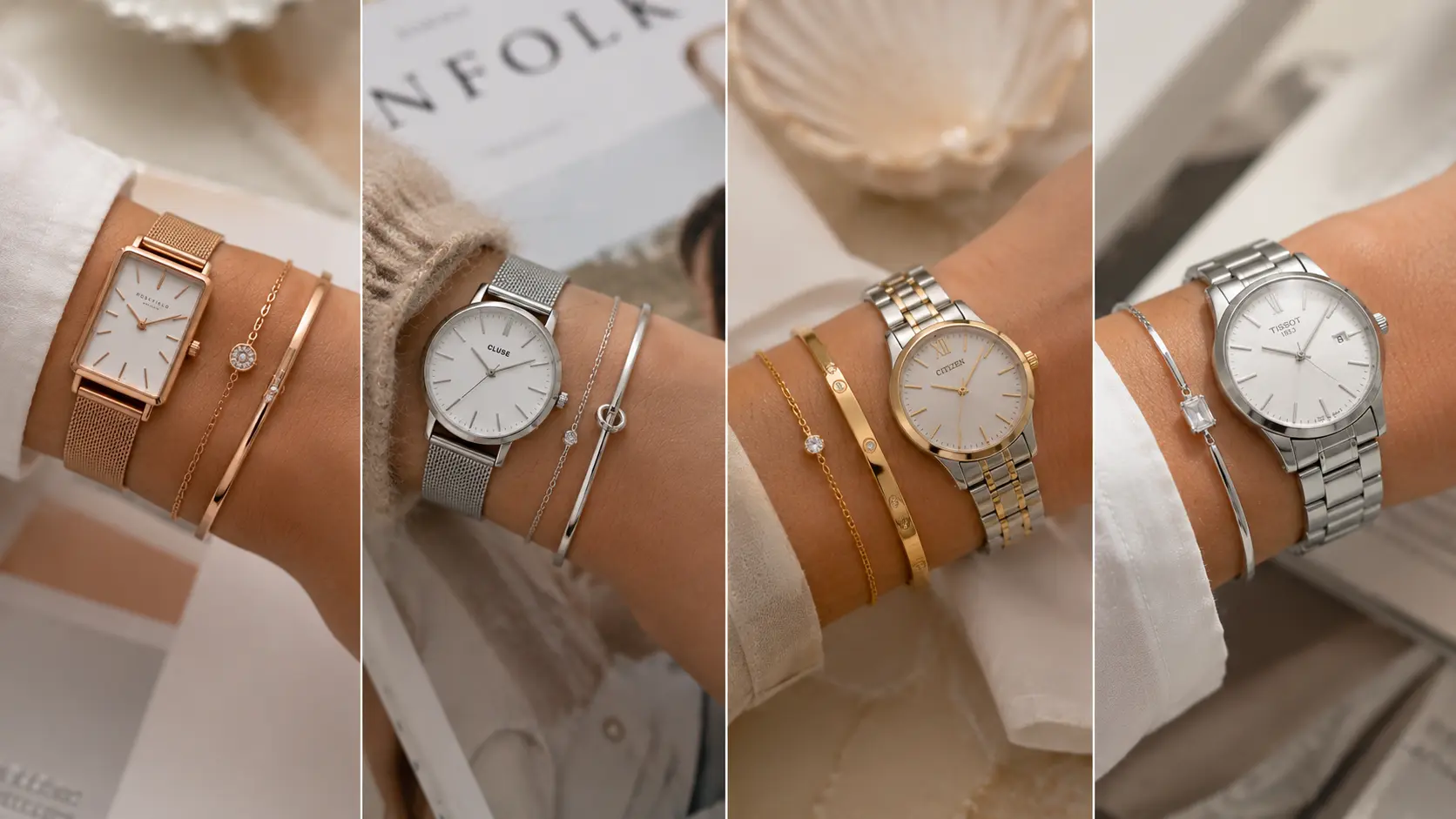 Bracelet Styling Guide for Women 5 Wristwatch styled with slim bracelets and bangles in modern layered jewellery look