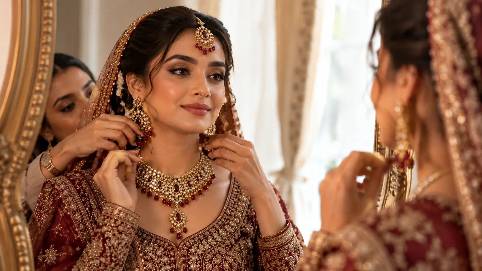 Bridal Jewellery Set in Pakistan: Mehndi to Walima Guide 5 Bride checking bridal jewellery fitting and comfort during wedding styling session in natural light