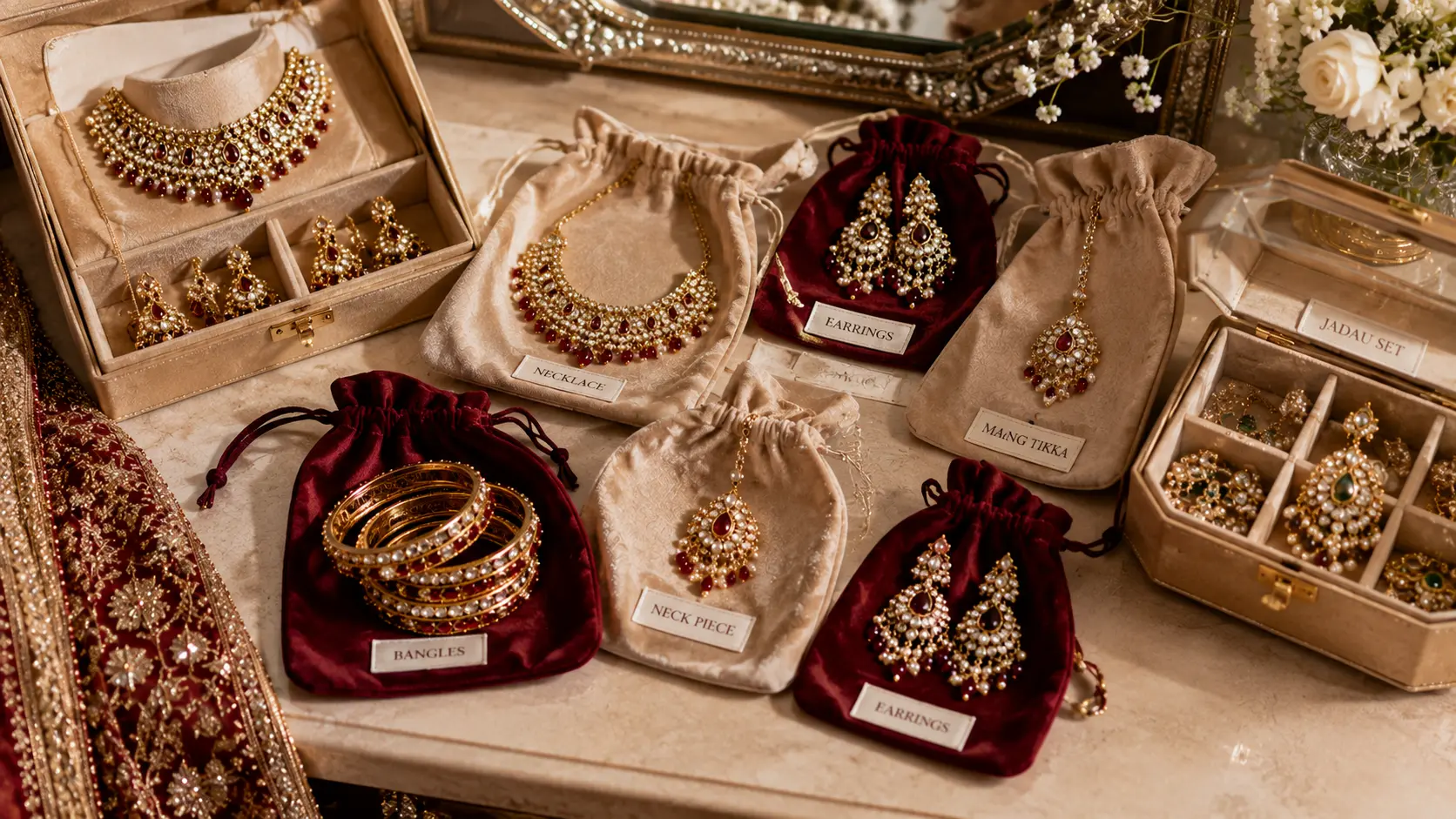 Bridal Jewellery Set in Pakistan: Mehndi to Walima Guide 6 Bridal jewellery stored in velvet pouches and protective boxes for safe wedding event handling
