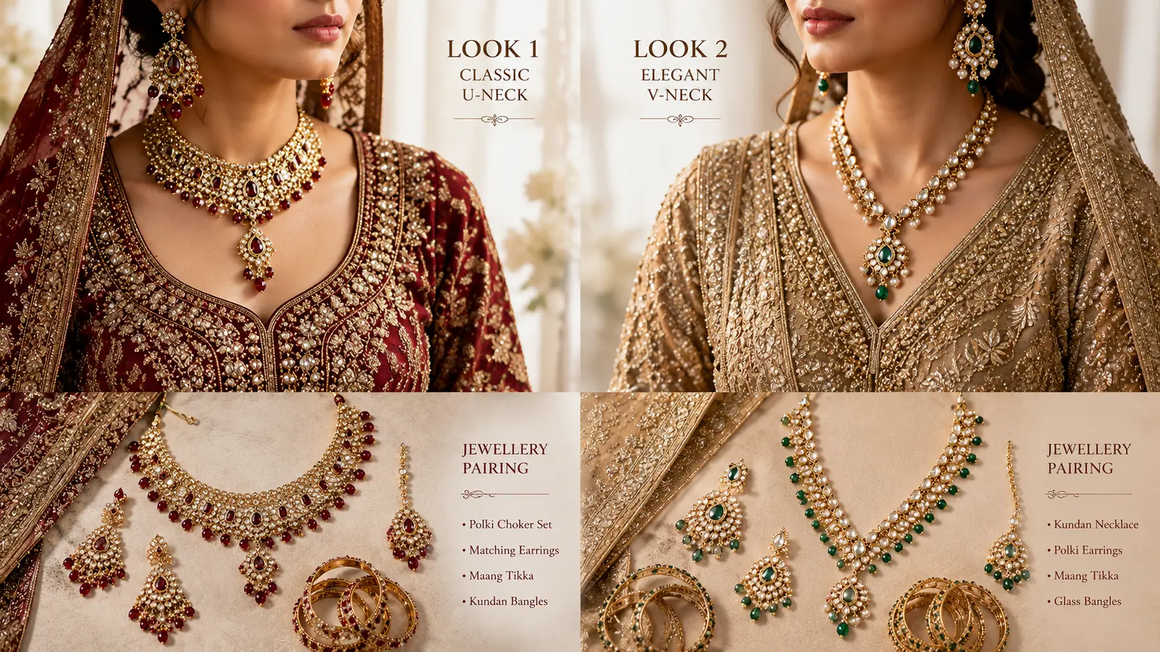 Bridal Jewellery Set in Pakistan: Mehndi to Walima Guide 4 Bridal neckline styles matched with appropriate jewellery combinations for balanced wedding styling