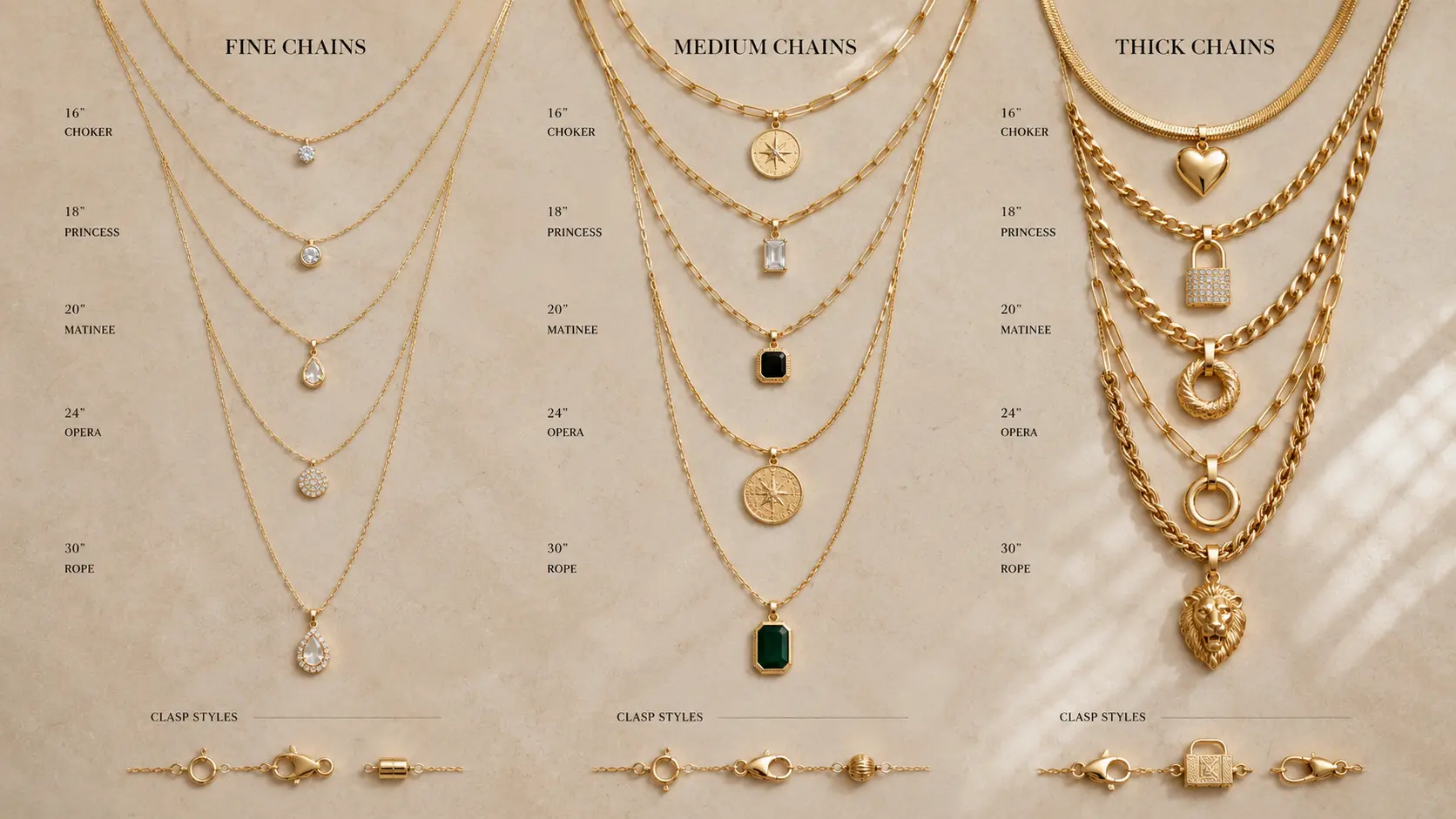 How to Choose the Right Necklace Length for Your Neckline? 6 Fine medium and thick chains with different pendant sizes and clasp styles displayed neatly