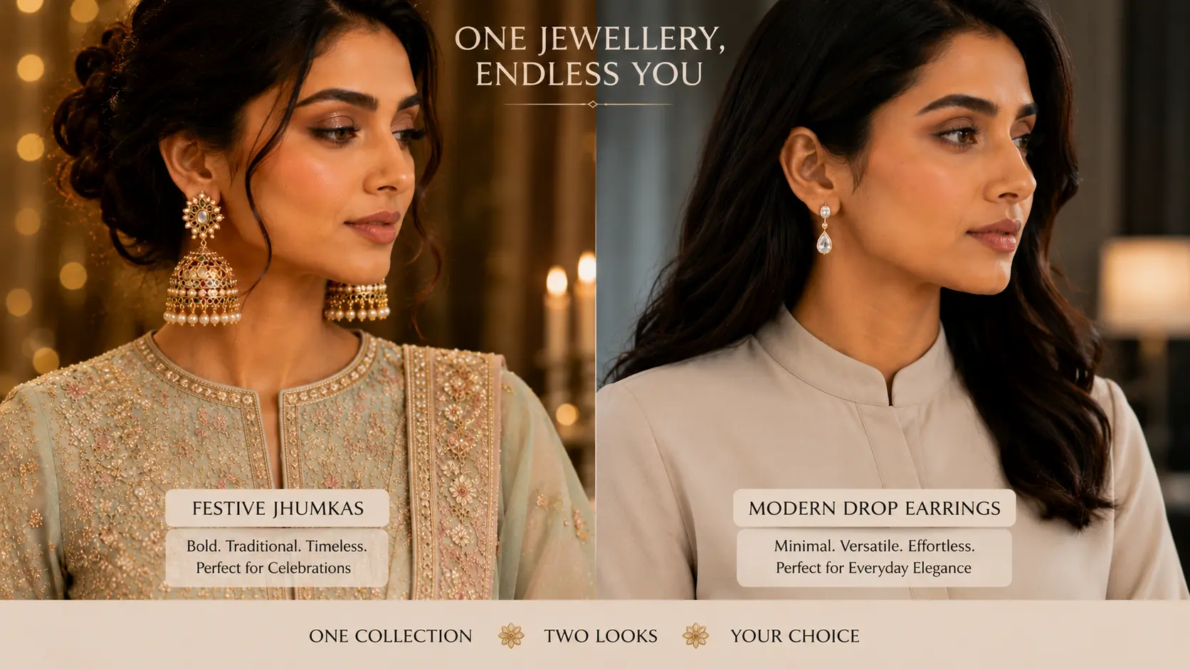 Jhumka Earrings vs Drop Earrings: Which Style Should You Choose? 9 Festive jhumka styling and versatile drop earring styling shown side by side
