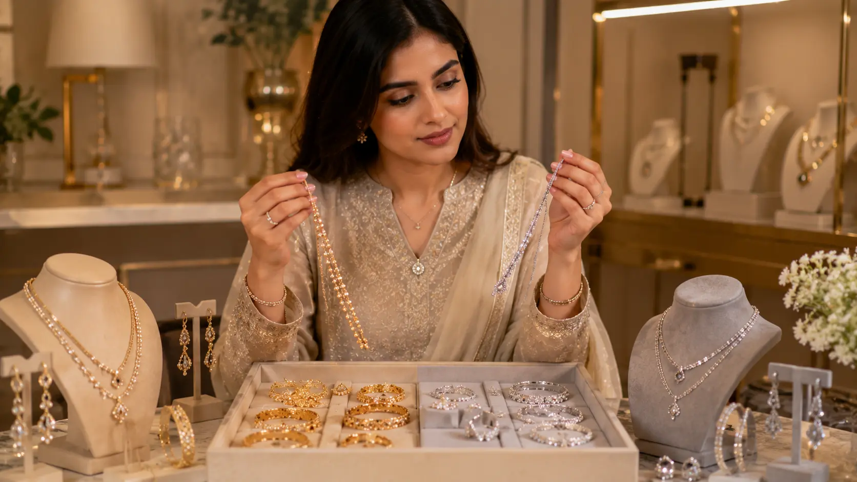 Best Jewellery Gifts for Women in Pakistan 2 Woman choosing between gold and silver jewellery gifts in elegant boutique environment