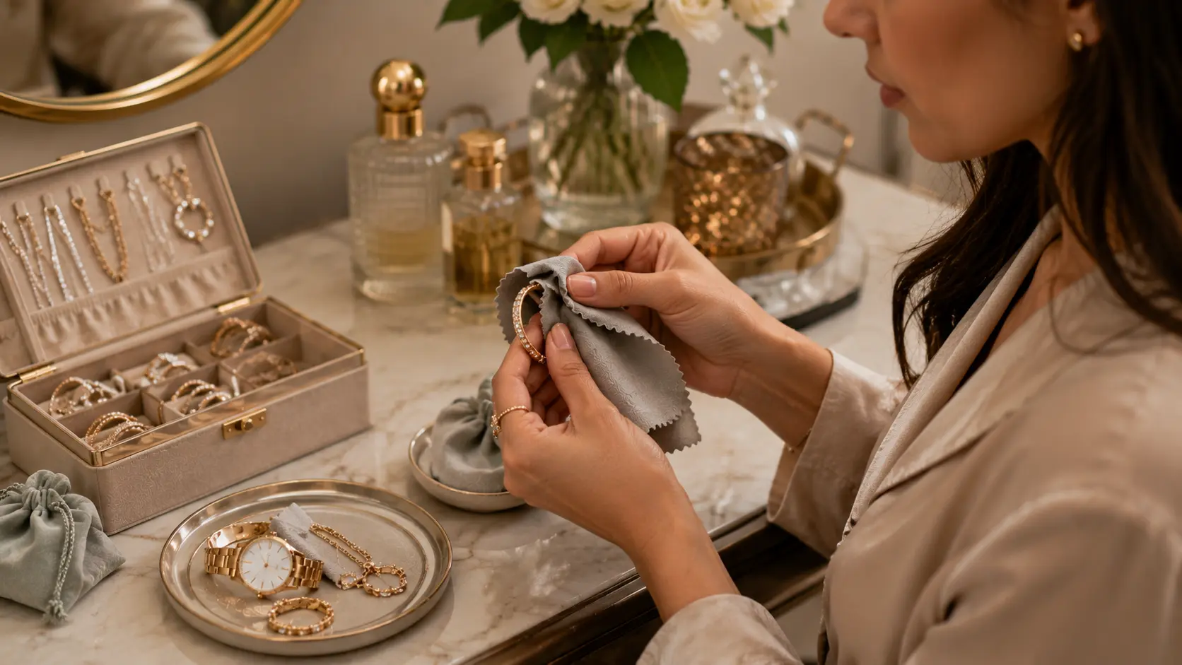 How to Store Artificial Jewellery at Home Without Damage? 3 Woman cleaning and drying artificial jewellery with microfiber cloth before storage