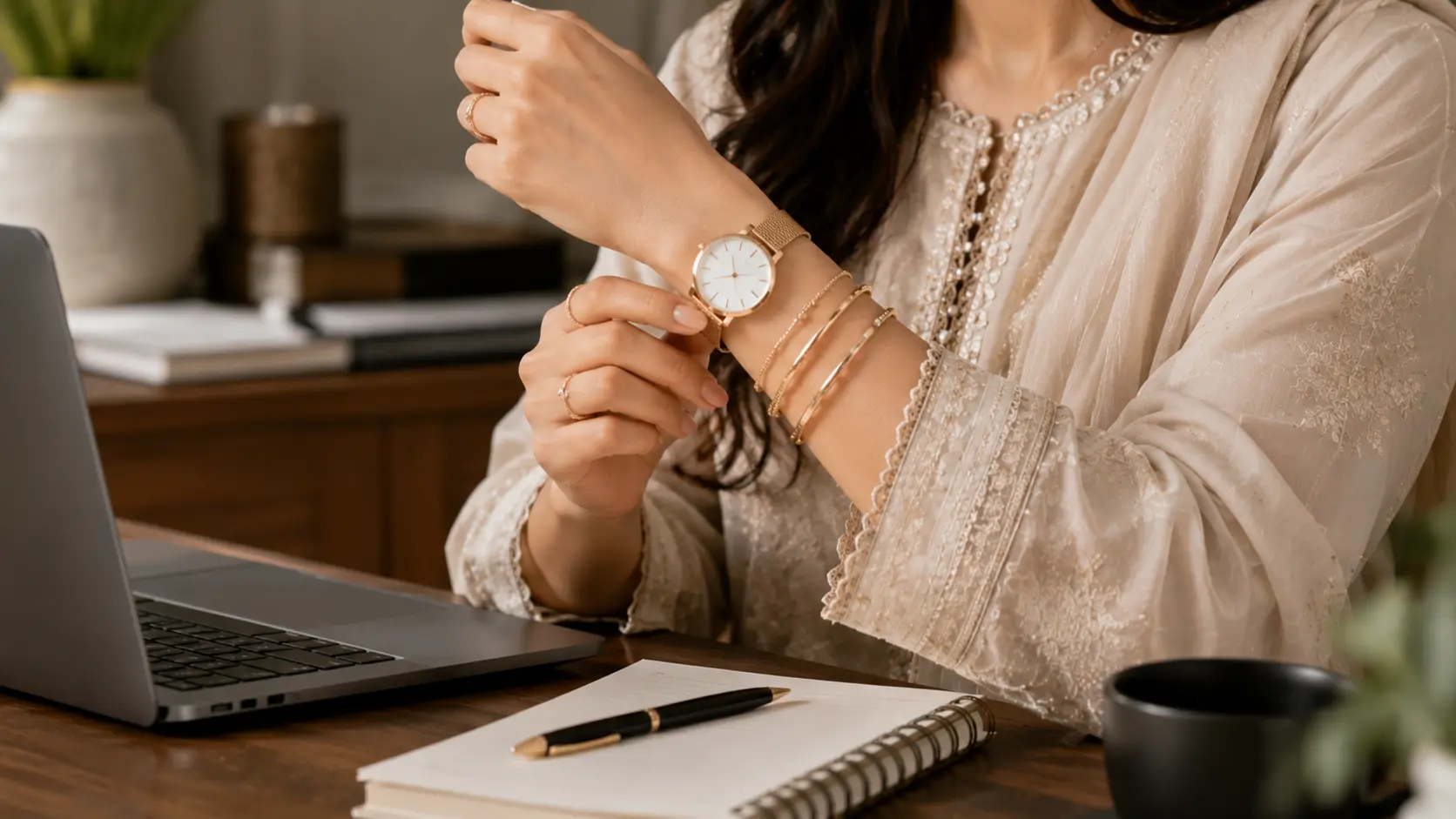 How to Style Bangles with Watches and Bracelets? A Simple Jewellery Guide 5 Woman adjusting watch and bangles comfortably while wearing layered wrist jewellery all day