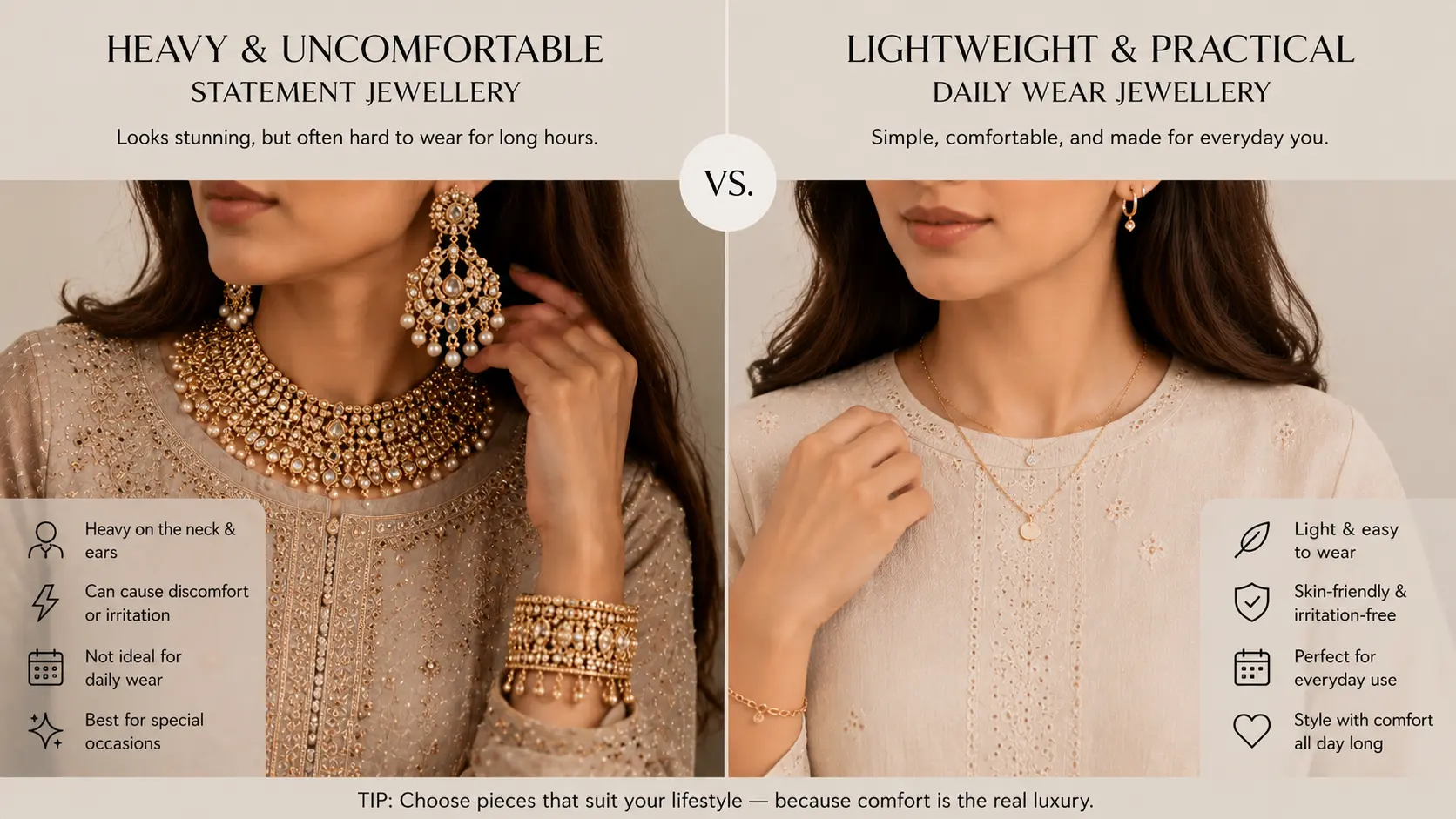 Best Artificial Jewellery for Daily Wear in Pakistan 9 Heavy statement jewellery compared with lightweight practical daily wear artificial jewellery