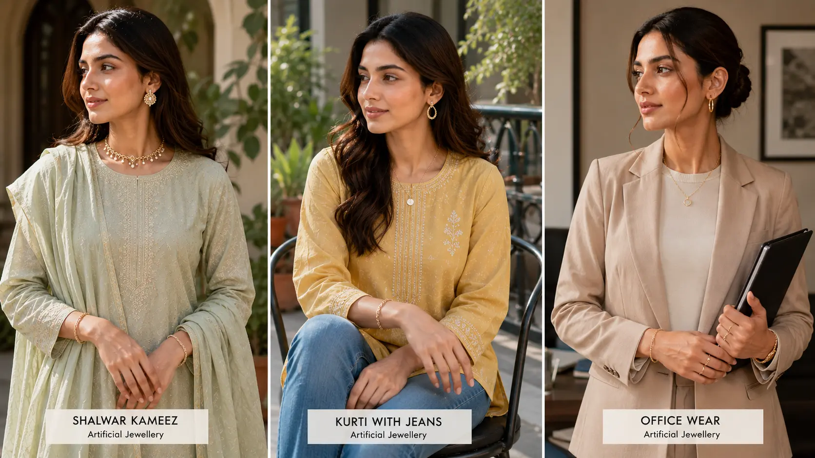 Best Artificial Jewellery for Daily Wear in Pakistan 8 Artificial jewellery styled with shalwar kameez kurti and office wear fashion outfits