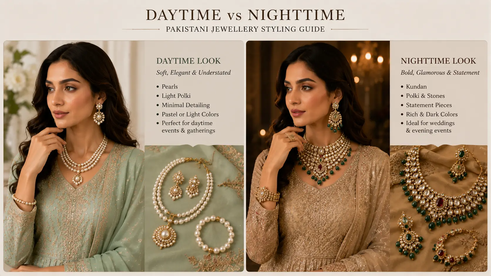 How to Match Jewellery with Pakistani Dresses 5 Daytime and evening Pakistani jewellery styling comparison with pearls and kundan accessories
