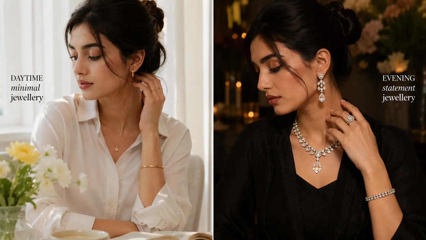 What Jewellery to Wear with Black, White and Pastel Outfits? 6 Daytime minimal jewellery and evening statement jewellery styling shown side by side