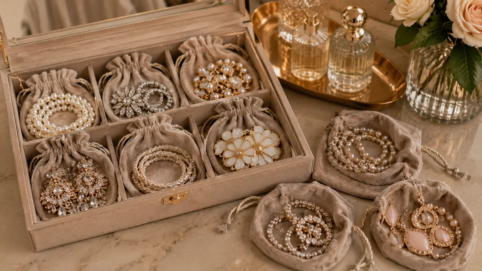 How to Store Artificial Jewellery at Home Without Damage? 6 Faux pearls rhinestone jewellery and enamel accessories stored carefully in soft pouches
