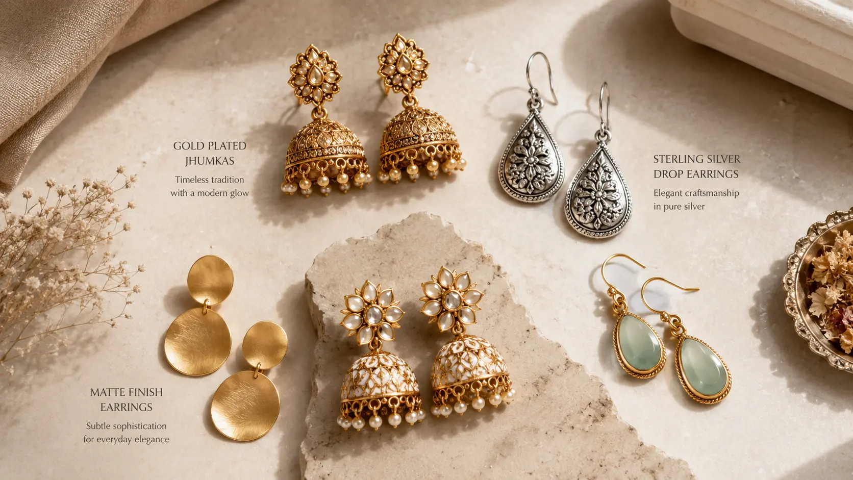 Jhumka Earrings vs Drop Earrings: Which Style Should You Choose? 8 Gold silver and matte finish earrings displayed for metal and skin sensitivity comparison