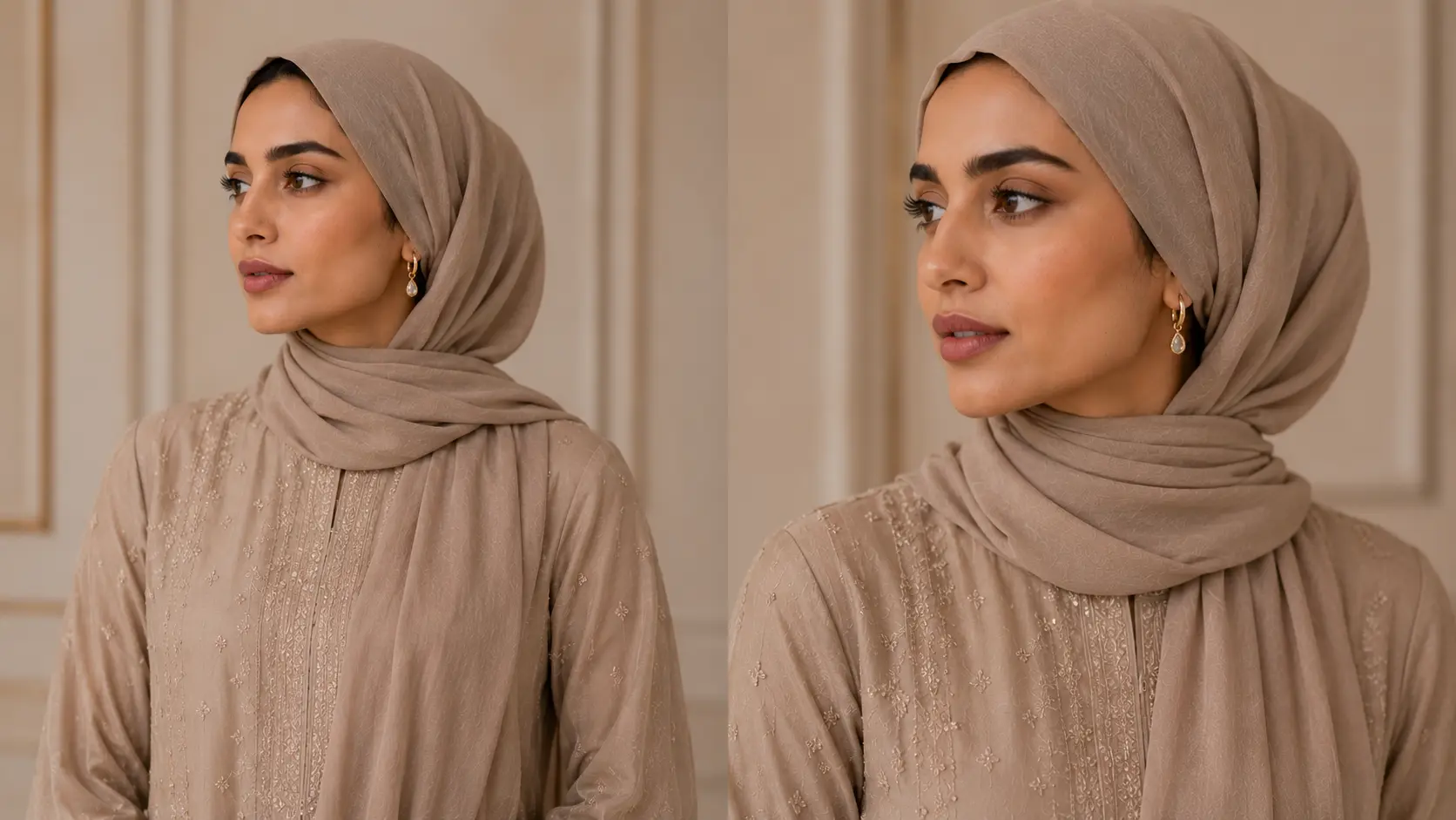 How to Choose Earrings for Short Hair, Long Hair and Hijab Styles? 5 Hijabi woman wearing elegant huggie and drop earrings styled with modern scarf look