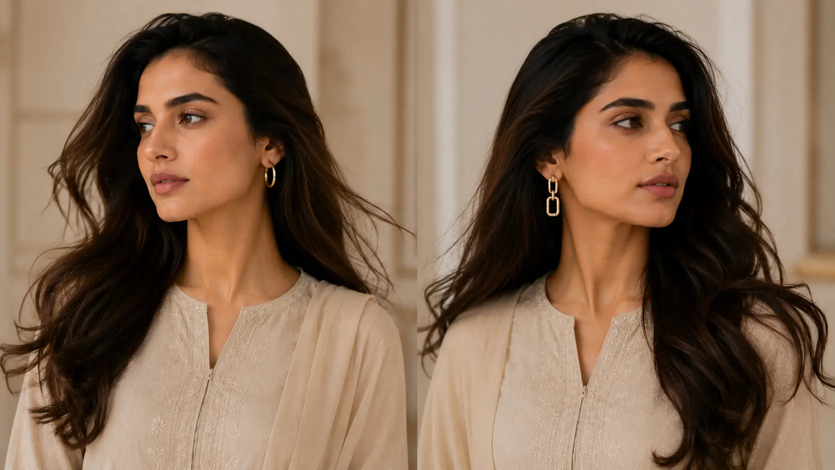 How to Choose Earrings for Short Hair, Long Hair and Hijab Styles? 4 Woman with long hair wearing visible medium hoops and structured drop earrings