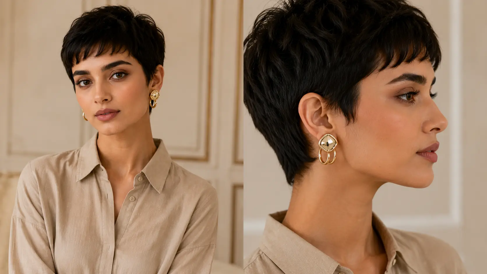 How to Choose Earrings for Short Hair, Long Hair and Hijab Styles? 3 Woman with short pixie haircut wearing bold statement studs and huggie hoop earrings