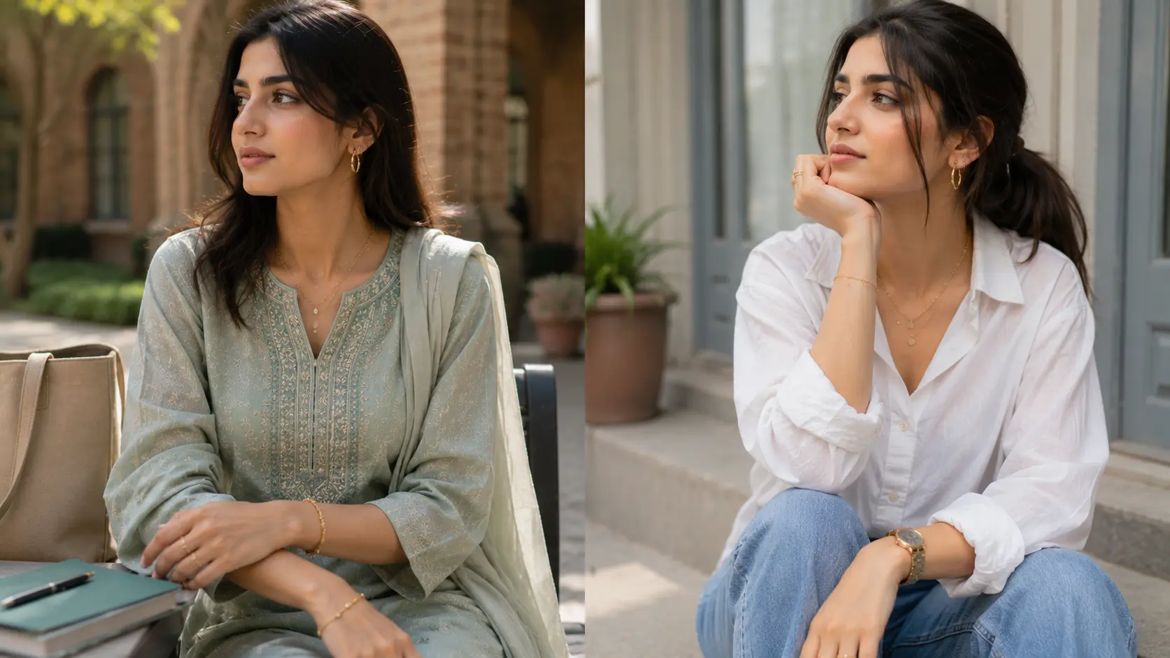 Best Jewellery Styles for University Girls in Pakistan: Simple Everyday Ideas 5 Jewellery styling comparison with eastern kurti outfit and western casual university outfit