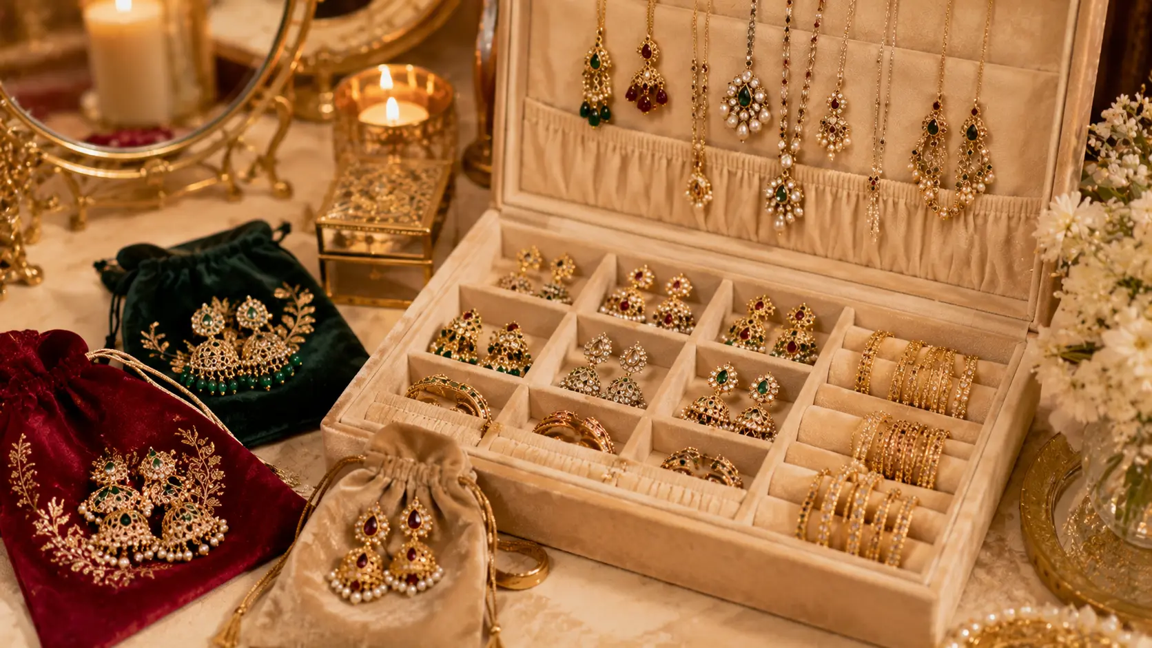 Best Eid Jewellery in Pakistan: Earrings, Bangles & Necklace Sets 7 Eid jewellery stored in velvet pouches and organized compartments for long term care and protection