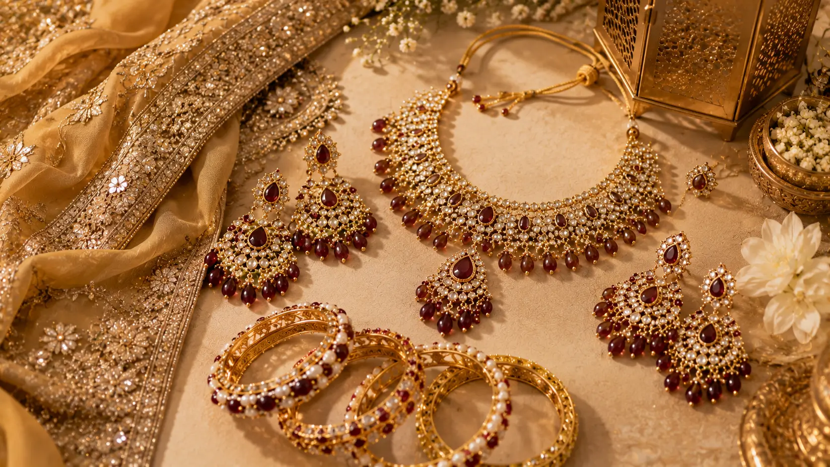 Best Eid Jewellery in Pakistan: Earrings, Bangles & Necklace Sets 2 Pakistani Eid jewellery sets with earrings bangles and necklaces arranged on festive embroidered fabric