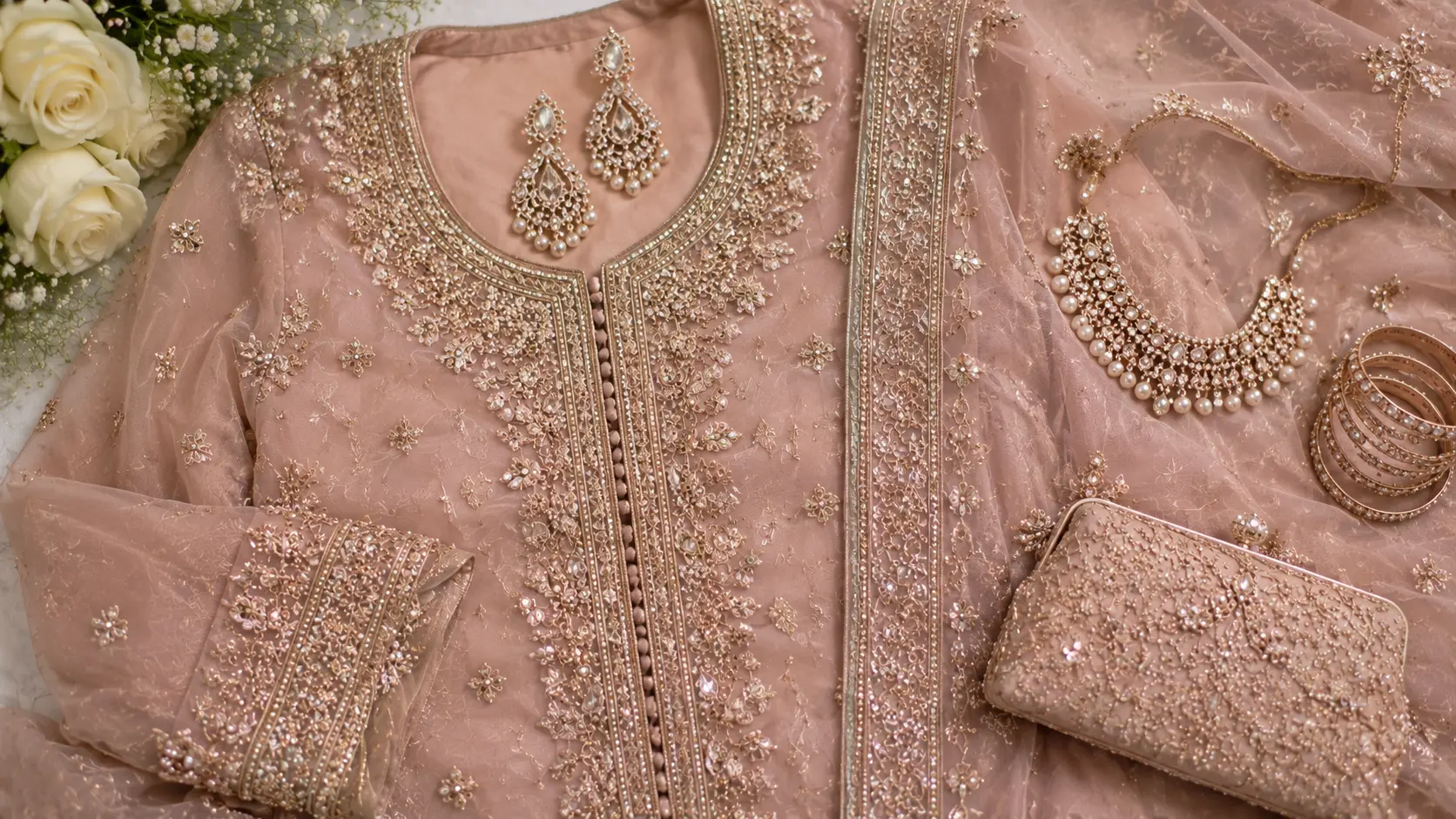 How to Choose Jewellery for a Pakistani Engagement Look? 2 Pakistani engagement fabric embroidery and jewellery styling displayed in elegant flat lay