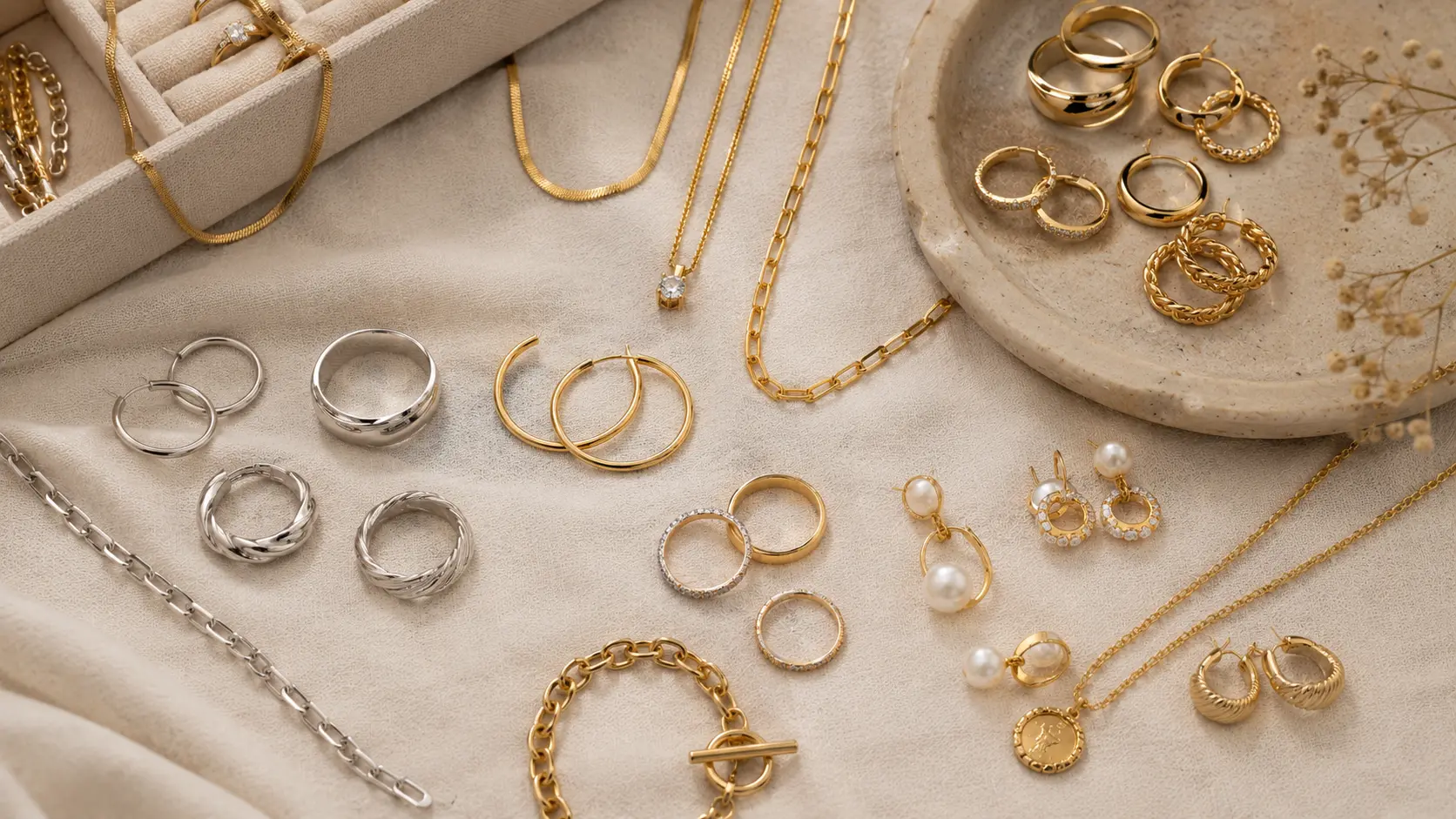 How to Choose Jewelry That Matches Your Skin Tone? 7 Curated jewellery collection with everyday and statement pieces arranged in elegant editorial flat lay