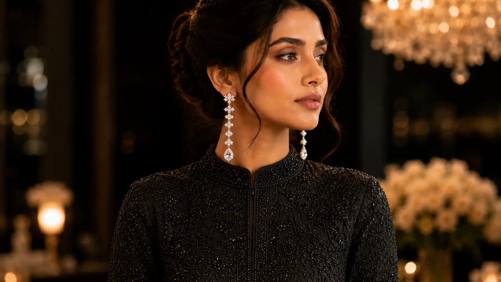 Jhumka Earrings vs Drop Earrings: Which Style Should You Choose? 7 Dramatic long drop earrings styled with elegant evening fashion outfit