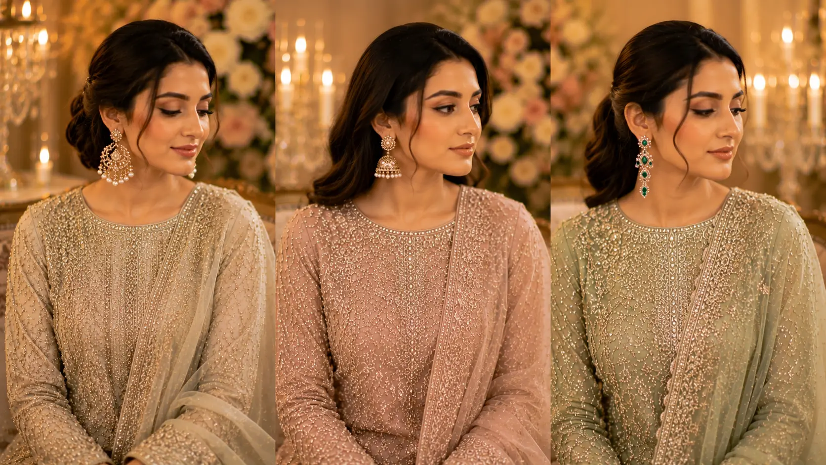 How to Choose Jewellery for a Pakistani Engagement Look? 4 Different face shapes styled with chandbalis jhumkas and vertical drop earrings