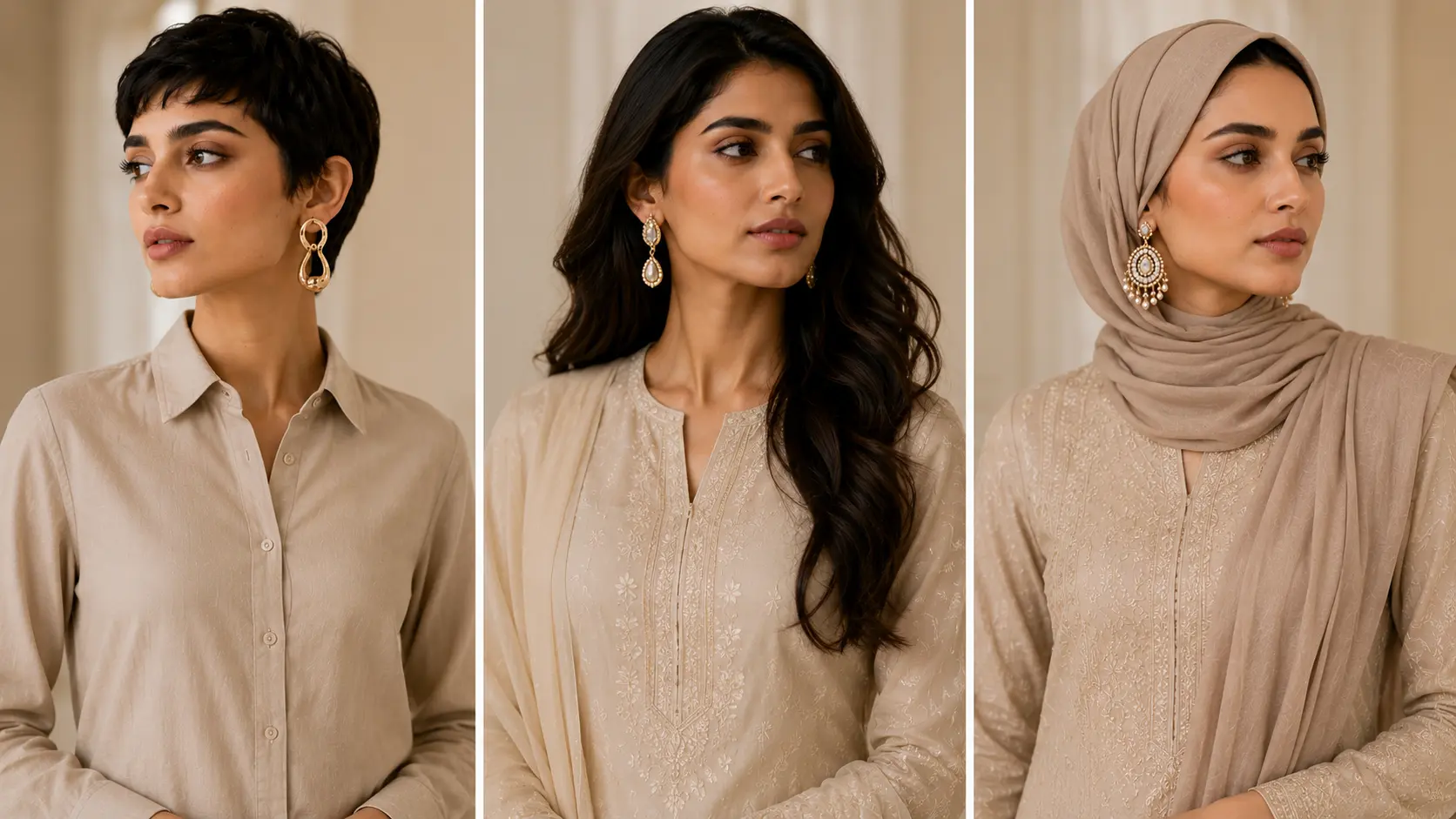 How to Choose Earrings for Short Hair, Long Hair and Hijab Styles? 2 Different face shapes paired with suitable earring styles in clean editorial comparison