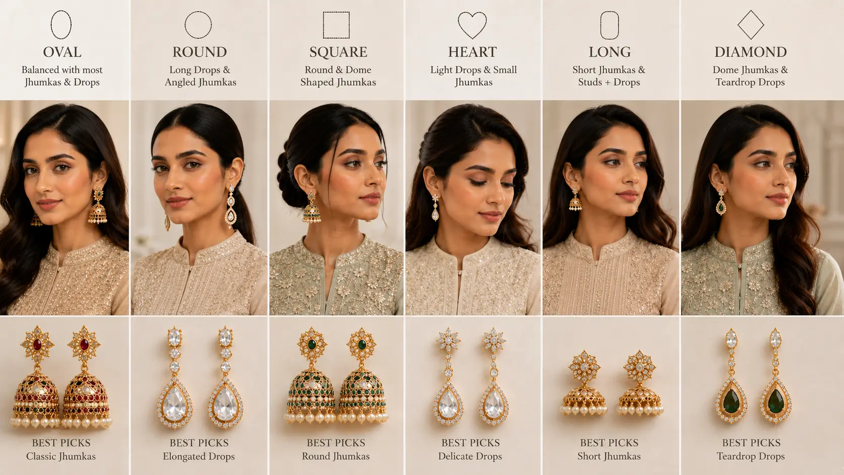 Jhumka Earrings vs Drop Earrings: Which Style Should You Choose? 4 Different face shapes paired with suitable jhumka and drop earring styles