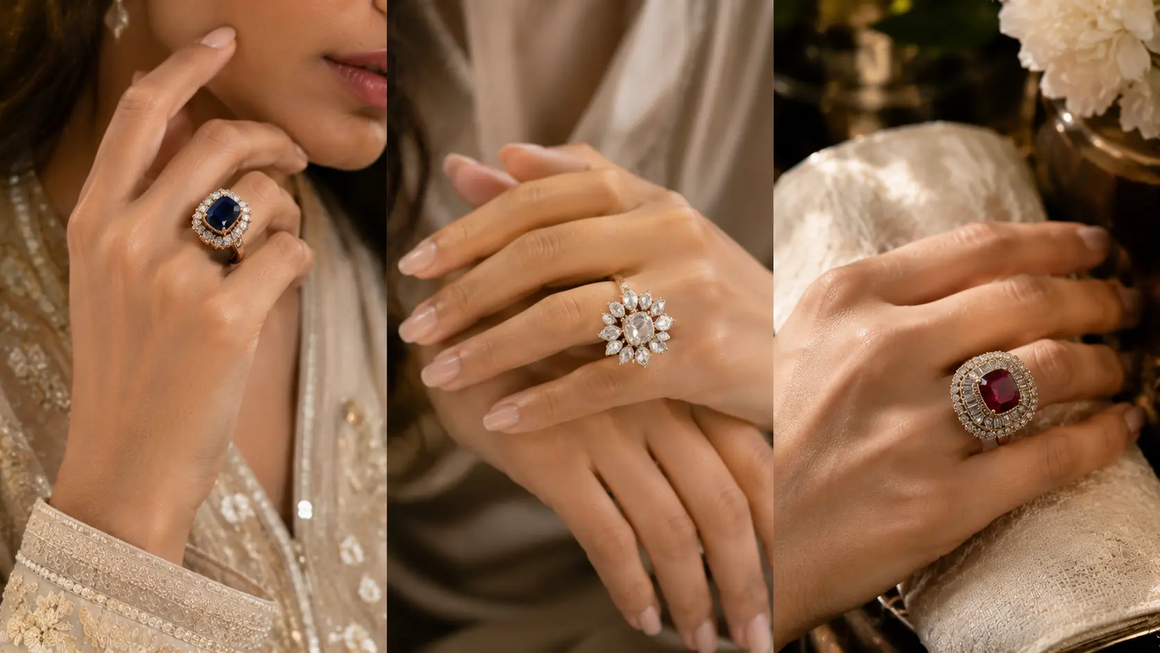 Best Rings for Girls in Pakistan: Simple and Fancy Styles 3 Fancy halo cluster and cocktail rings styled for weddings and party fashion looks