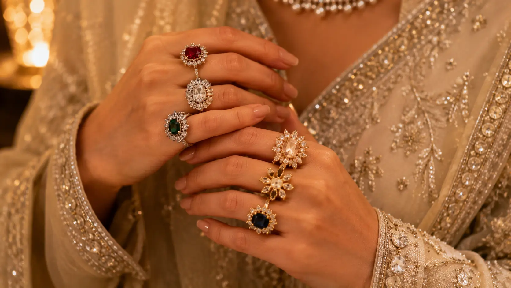 Best Rings for Women in Pakistan: Casual & Fancy Styles 4 Fancy cocktail and halo rings styled with formal Pakistani fashion accessories and fabrics