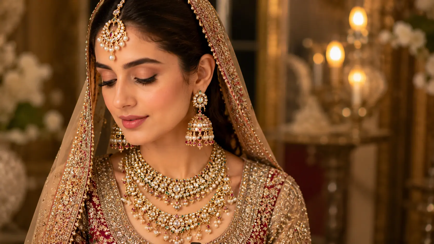Artificial Jewellery Buying Guide in Pakistan 4 Pakistani festive jewellery set with jhumkas tikka and layered necklace in bridal styling