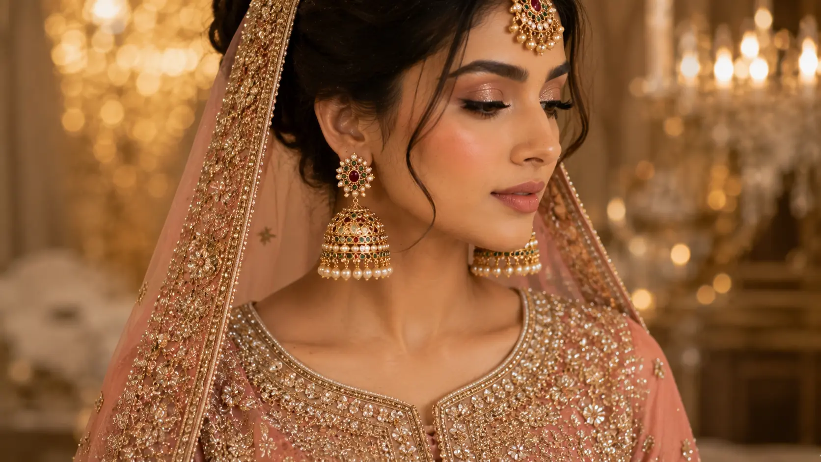 Jhumka Earrings vs Drop Earrings: Which Style Should You Choose? 5 Ornate jhumka earrings styled with Pakistani festive bridal fashion outfit
