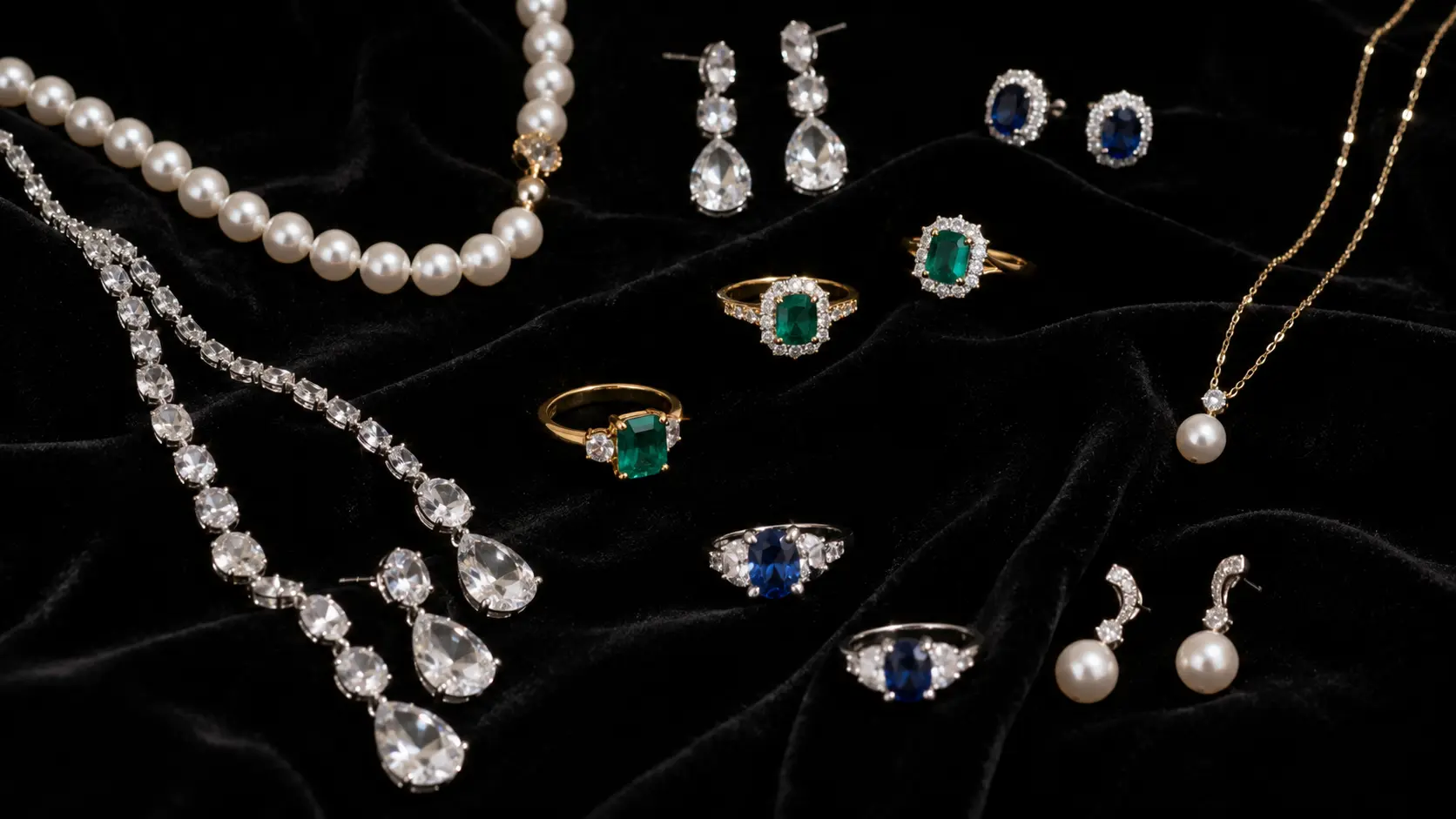 What Jewellery to Wear with Black, White and Pastel Outfits? 3 Pearls clear crystals emeralds and sapphires displayed against black velvet background