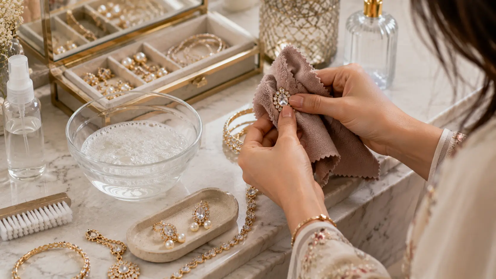 How to Clean Artificial Jewellery at Home Safely 4 Artificial jewellery being gently cleaned using damp microfiber cloth in safe home care setup