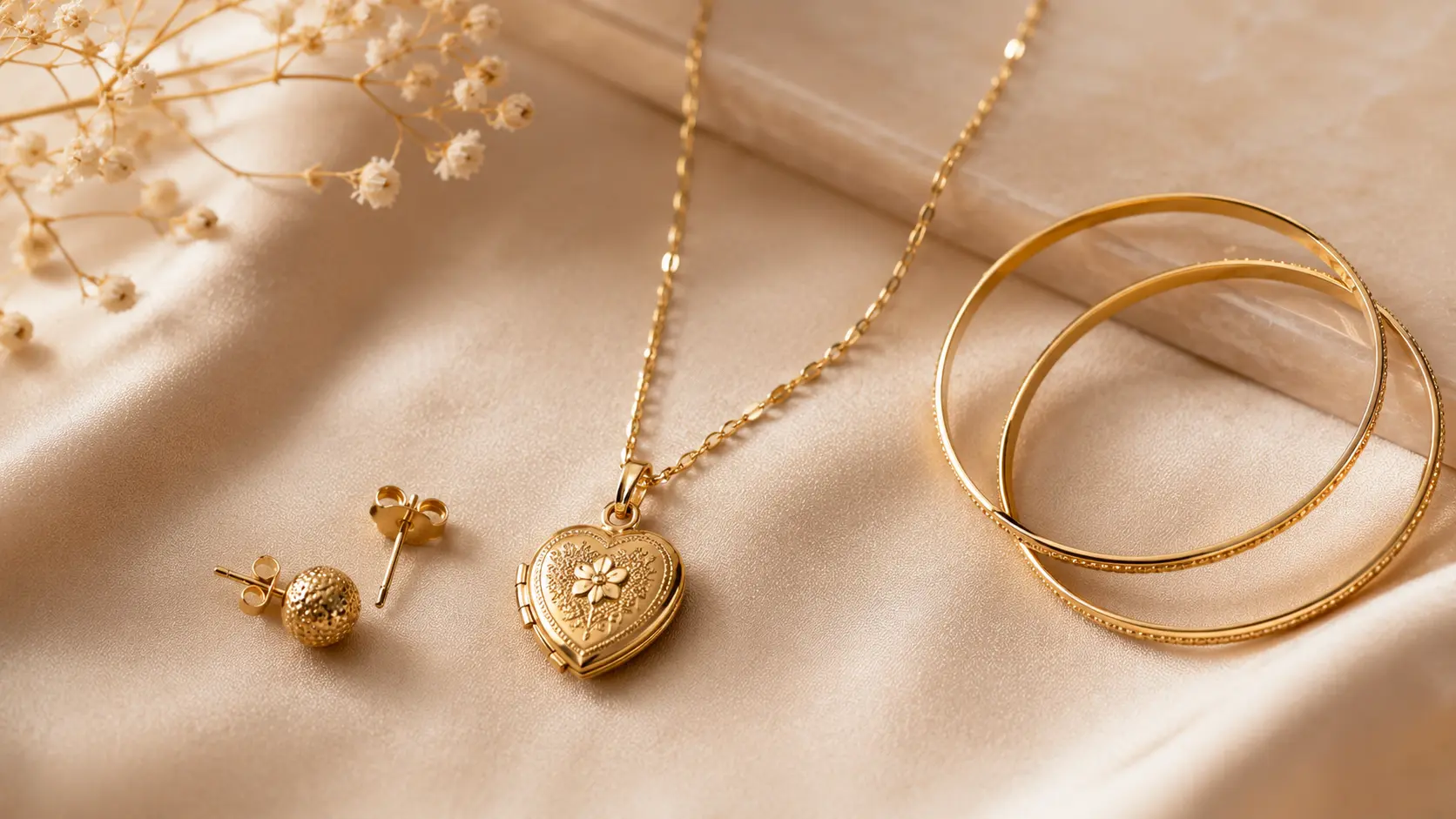 Best Jewellery Gifts for Women in Pakistan 3 Gold chain bangles stud earrings and pendant arranged in elegant editorial jewellery flat lay