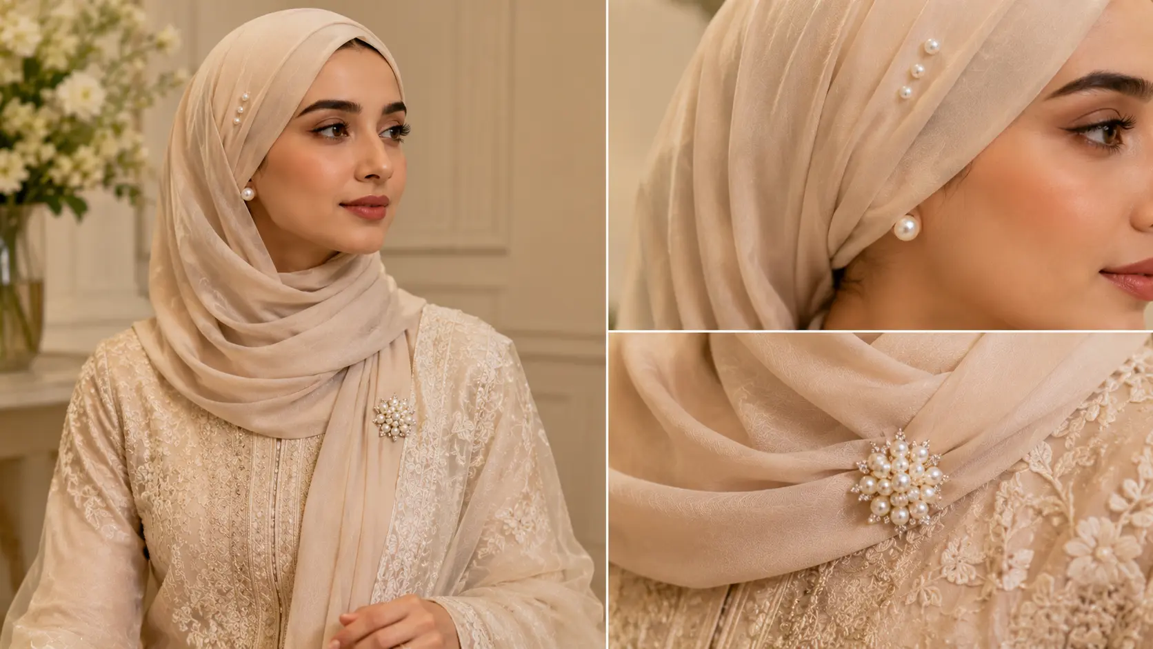 Pearl Jewellery Styling Ideas for Pakistani Outfits 9 Pearl hijab styling with pearl studs pins and brooch on formal Pakistani outfit