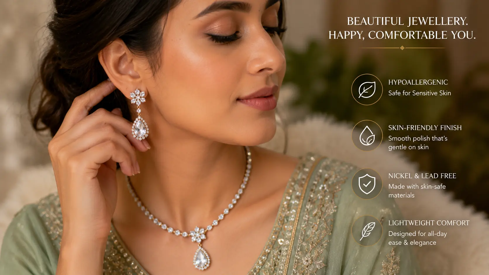 Artificial Jewellery Buying Guide in Pakistan 7 Woman wearing smooth skin-friendly artificial jewellery designed for sensitive skin comfort