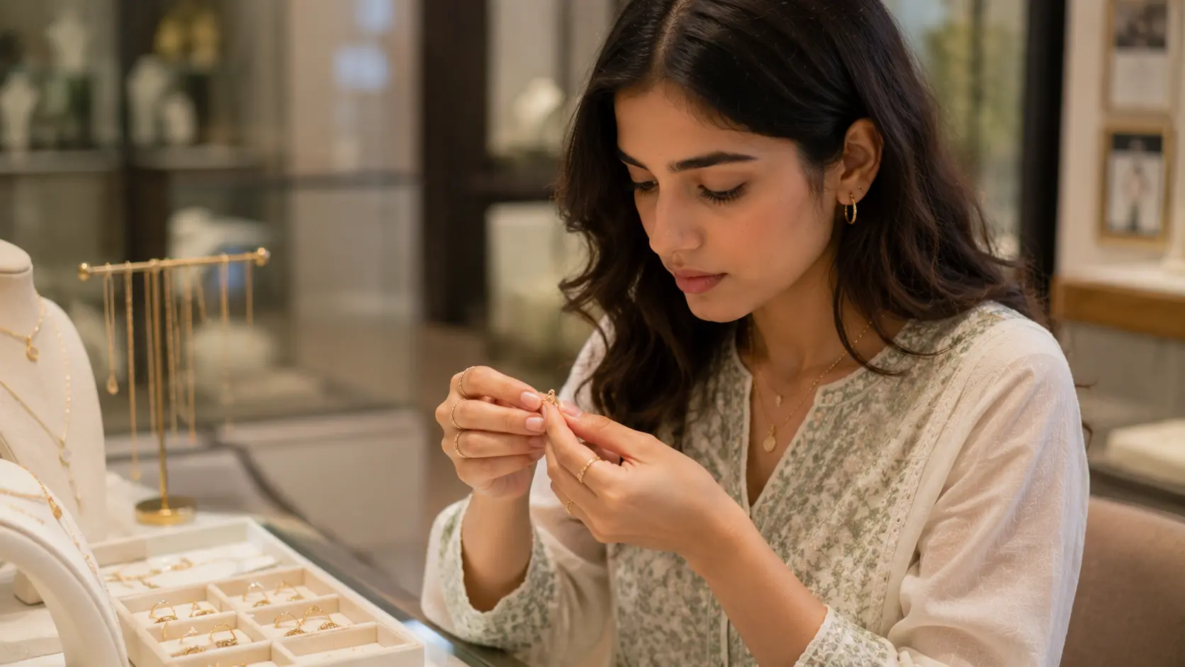 Best Jewellery Styles for University Girls in Pakistan: Simple Everyday Ideas 6 Young woman checking jewellery clasp and quality before buying everyday accessories