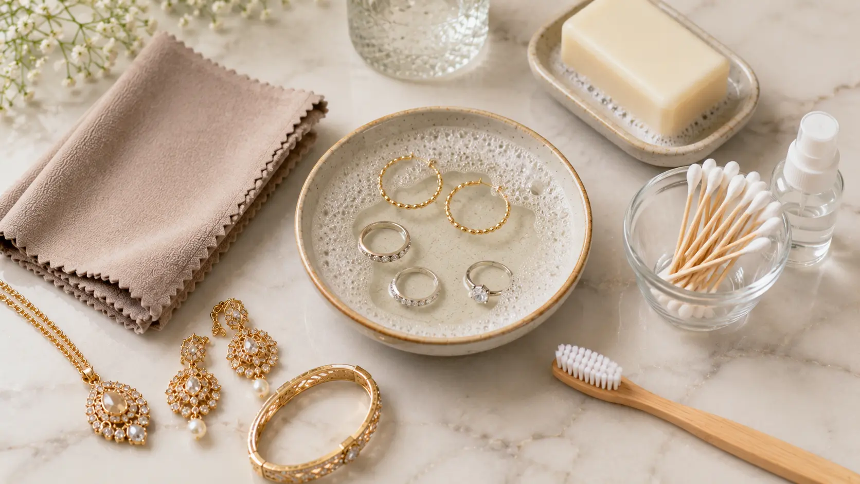 How to Clean Artificial Jewellery at Home Safely 3 Jewellery cleaning supplies including microfiber cloth cotton swabs and mild soap arranged neatly