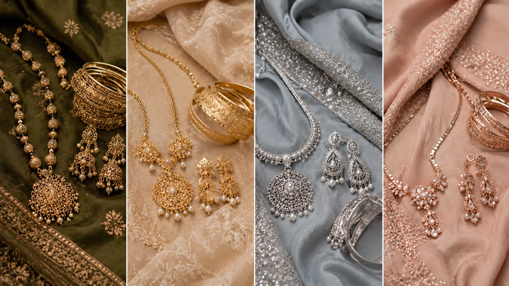Best Artificial Jewellery for Wedding Guests in Pakistan 7 Antique gold matte gold silver and rose gold jewellery matched with outfit tones
