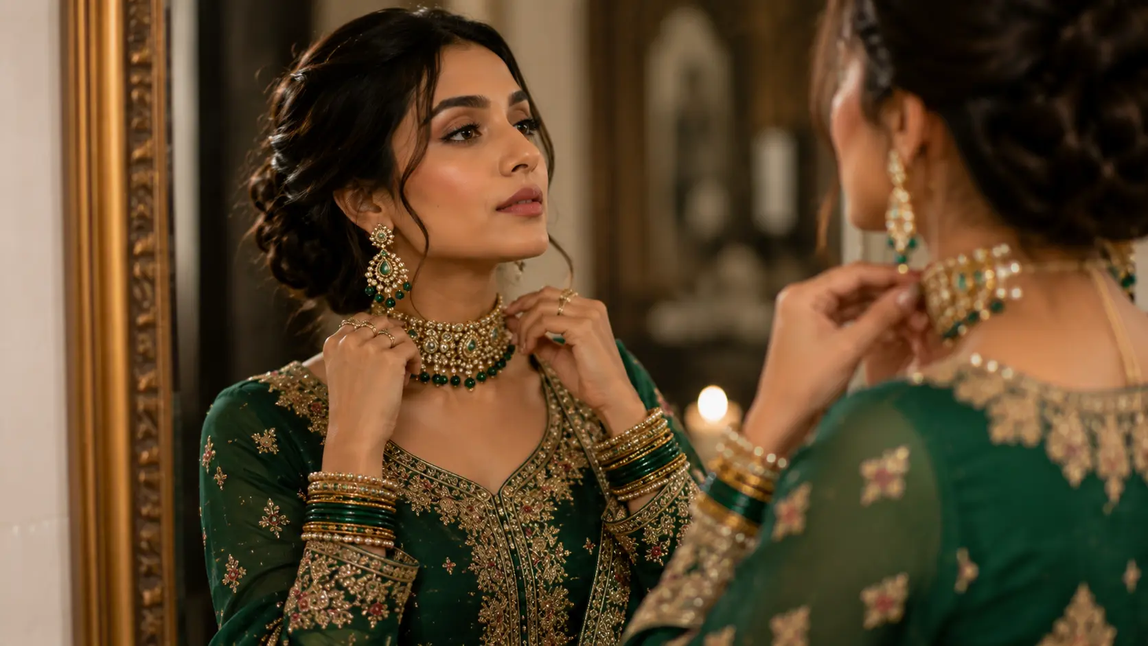 How to Match Jewellery with Pakistani Dresses 6 Woman adjusting necklace and bangles to ensure proper jewellery fit and comfortable styling