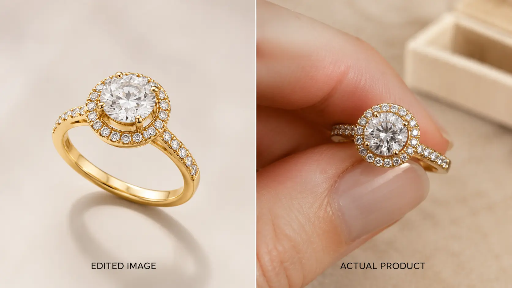 Online Jewellery Shopping Mistakes to Avoid in Pakistan 4 Edited jewellery product photo compared with realistic close-up ring details and finish