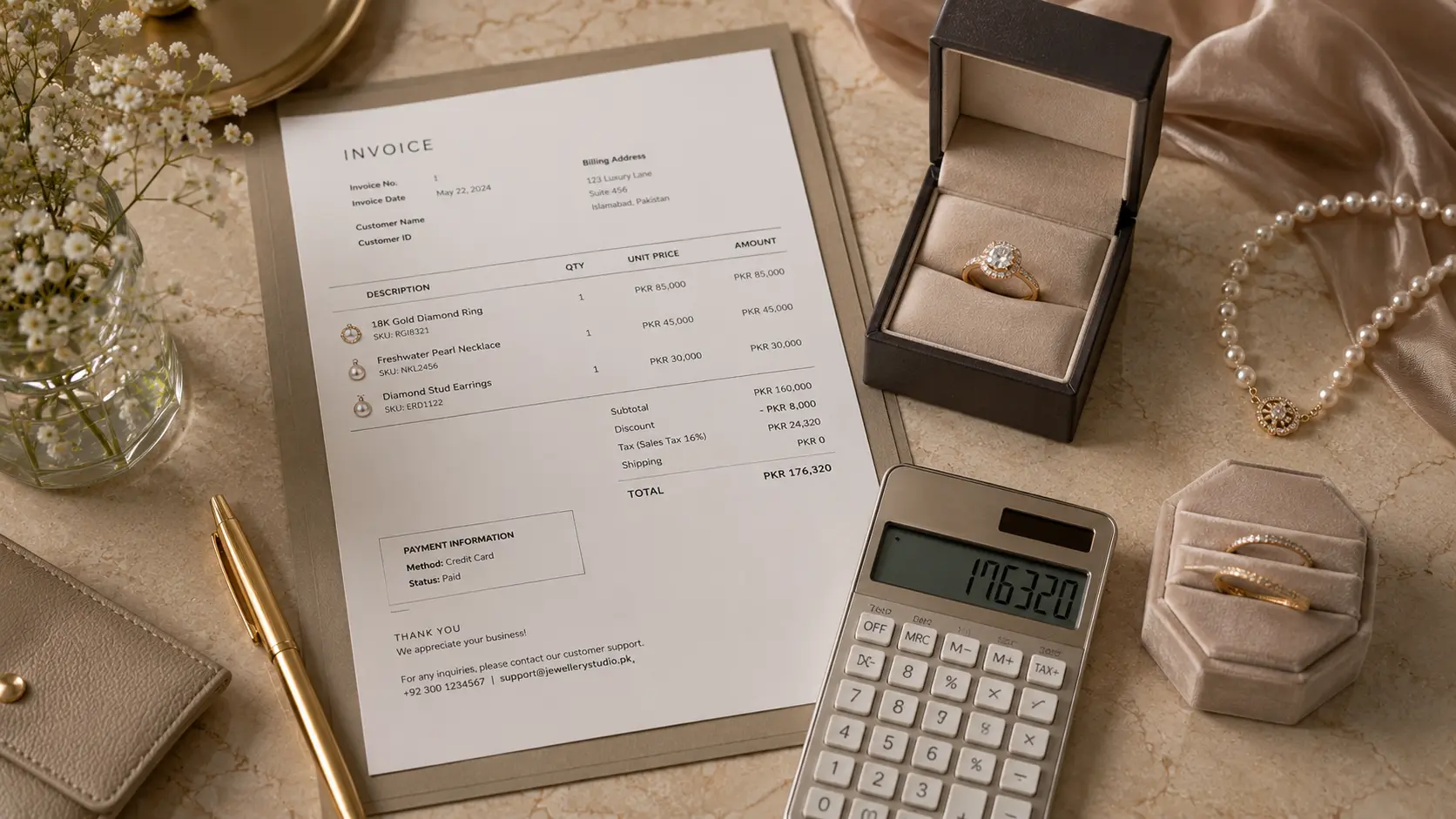 Online Jewellery Shopping Mistakes to Avoid in Pakistan 3 Jewellery pricing comparison with invoice breakdown and ring boxes on modern desk setup