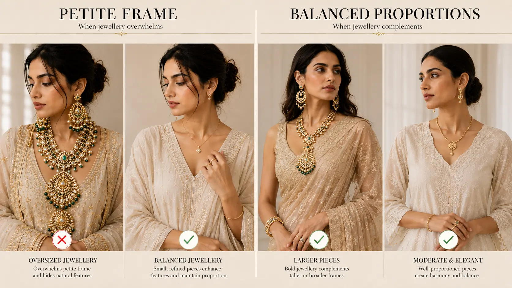 Common Jewellery Mistakes That Make Your Outfit Look Overdone 4 Jewellery scale comparison showing oversized and balanced accessory styling on different frames