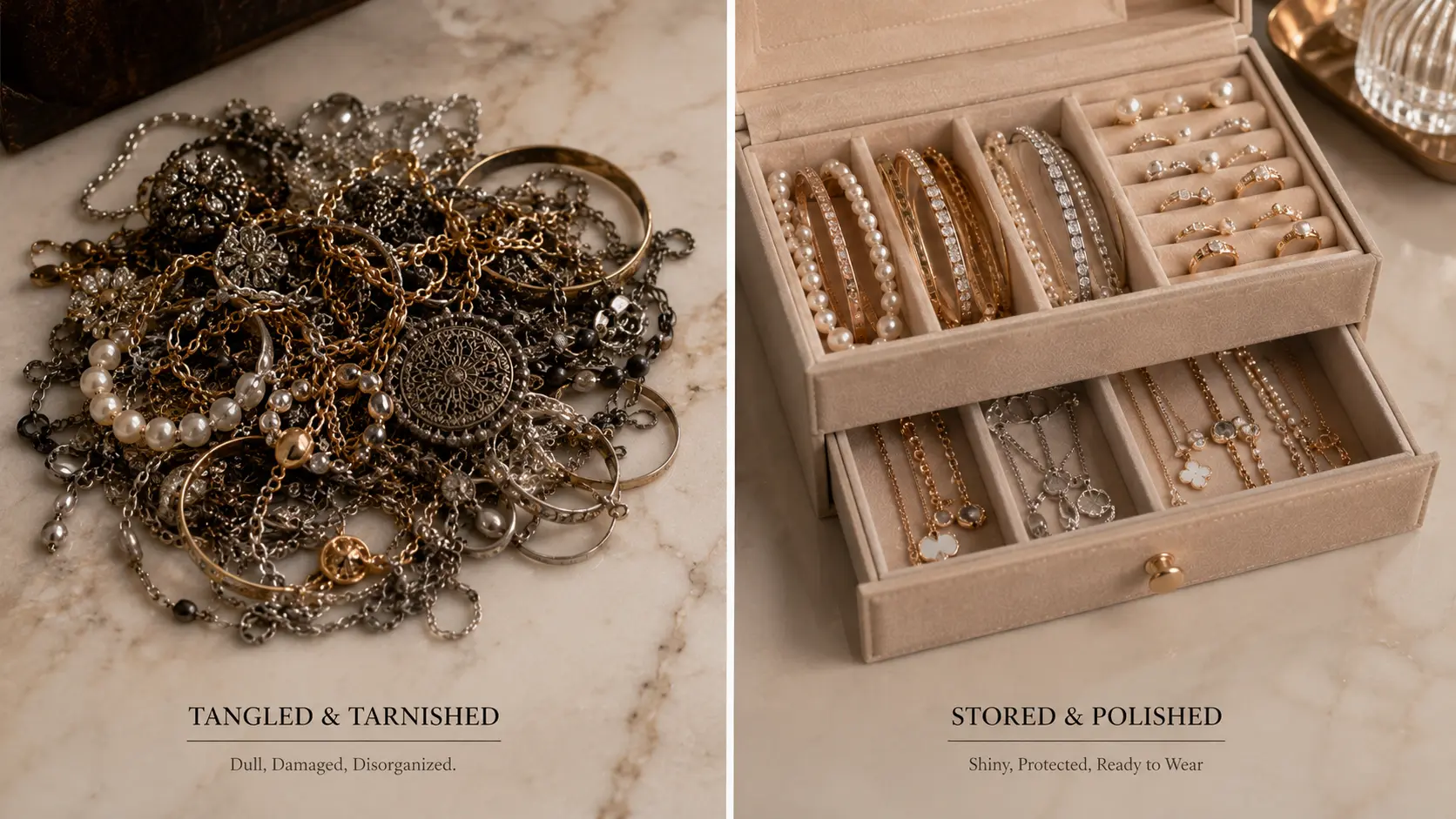 How to Store Artificial Jewellery at Home Without Damage? 2 Comparison of damaged tangled jewellery and properly stored polished artificial jewellery pieces