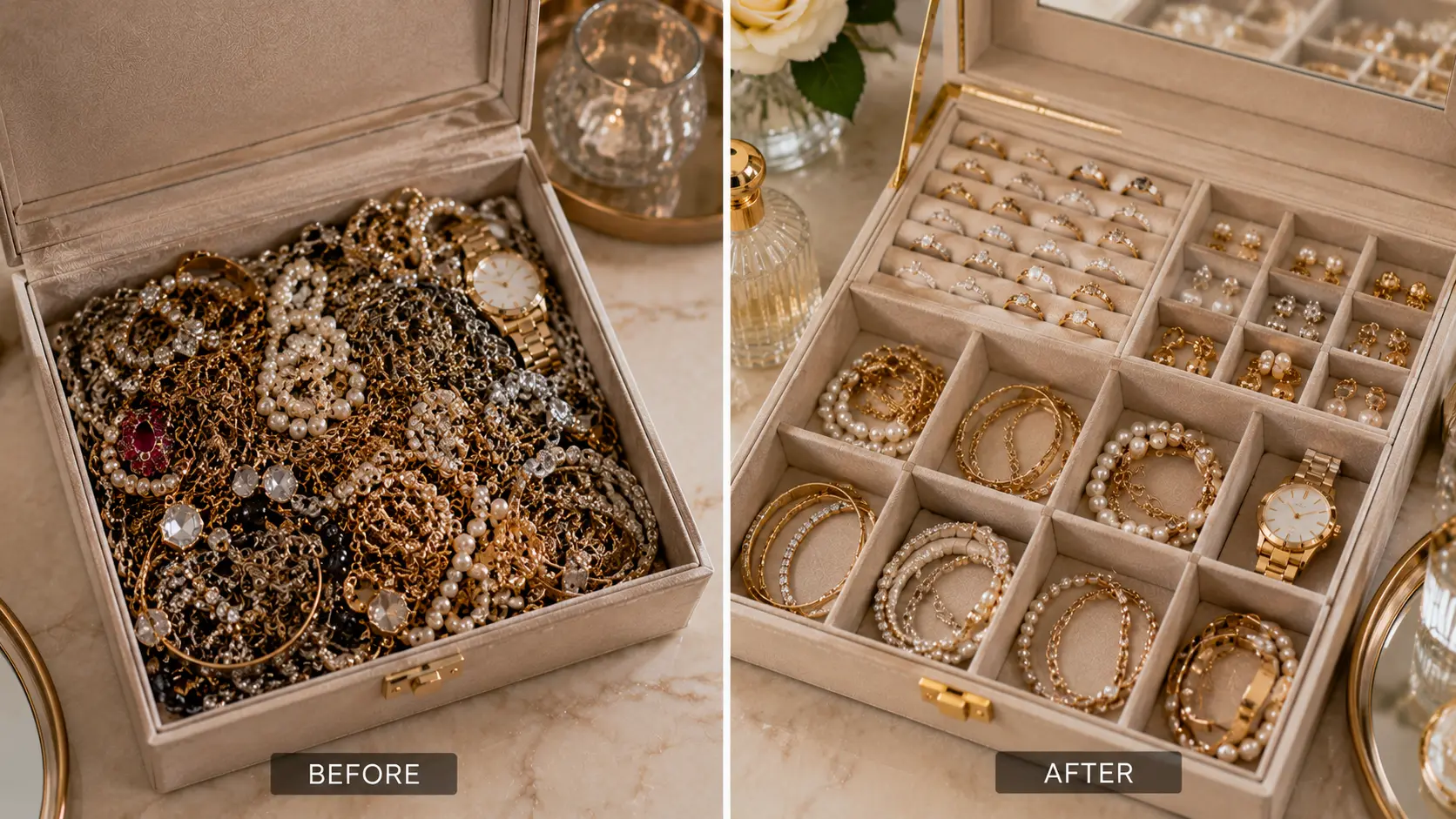 How to Store Artificial Jewellery at Home Without Damage? 7 Tangled overcrowded jewellery storage compared with organized divided jewellery compartments
