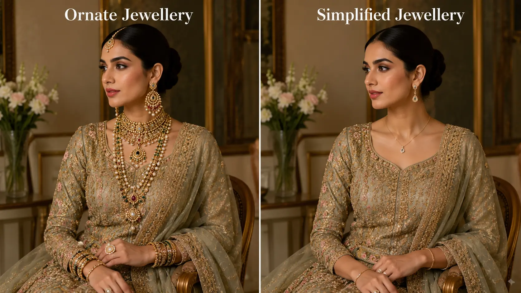 Common Jewellery Mistakes That Make Your Outfit Look Overdone 5 Comparison of ornate and simplified jewellery styling with detailed embroidered clothing
