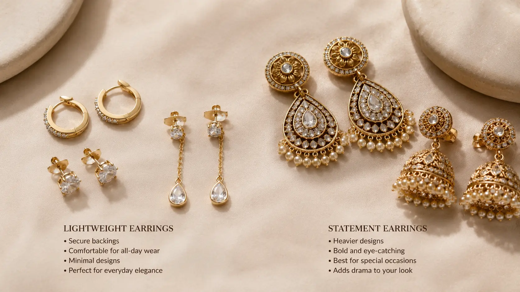 How to Choose Earrings for Short Hair, Long Hair and Hijab Styles? 6 Lightweight earrings with secure backings compared with heavier statement earring designs