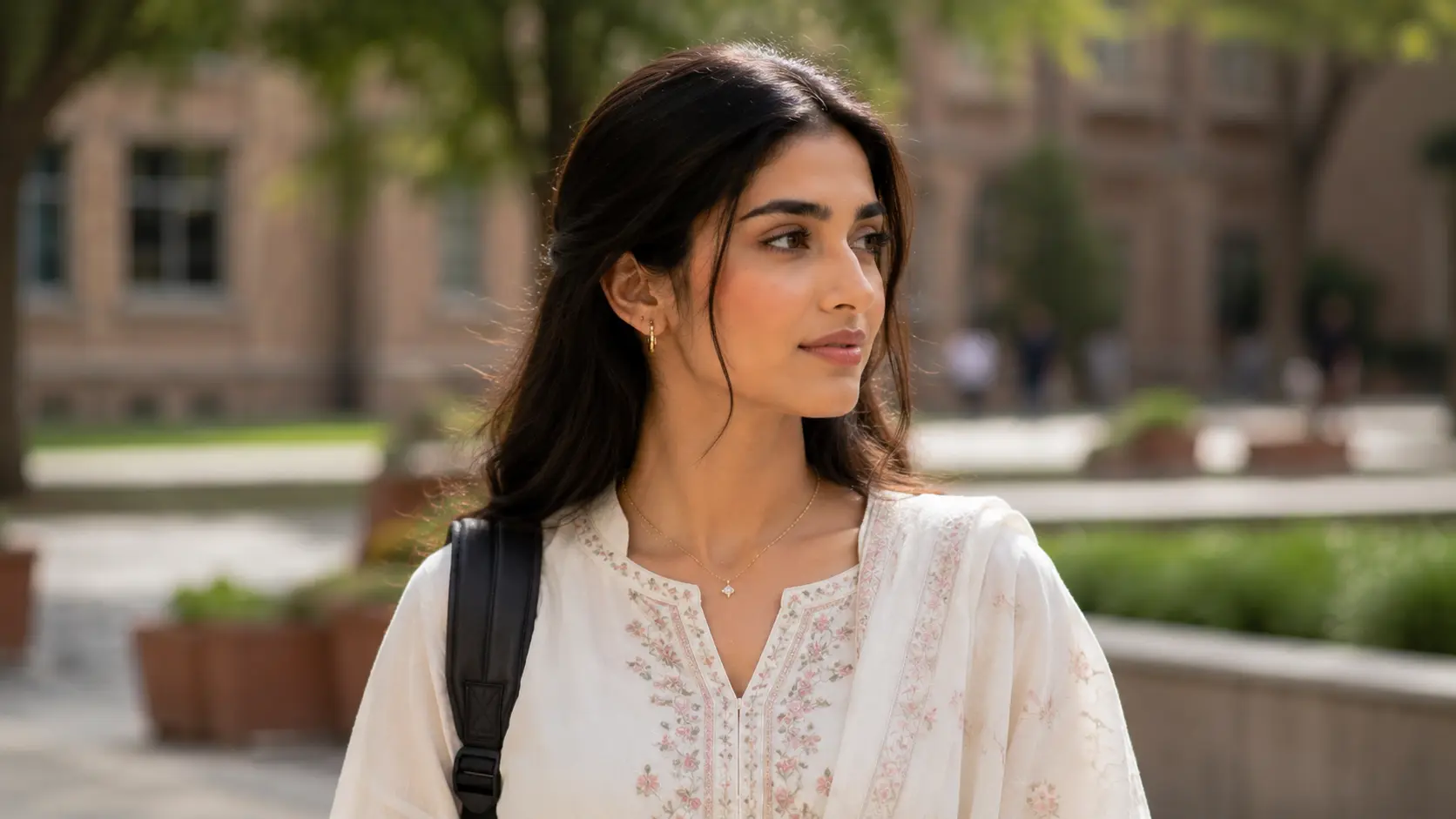 Best Jewellery Styles for University Girls in Pakistan: Simple Everyday Ideas 3 Pakistani university girl wearing delicate necklace with simple daily outfit on campus