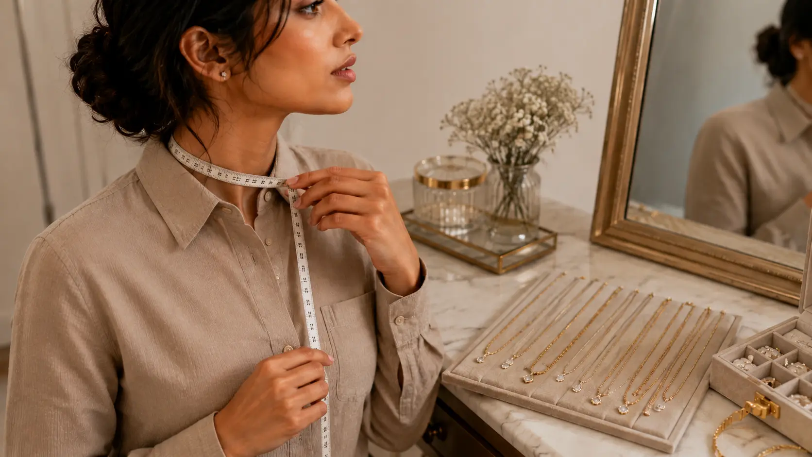 How to Choose the Right Necklace Length for Your Neckline? 3 Woman measuring necklace length around neck for accurate fit and styling placement